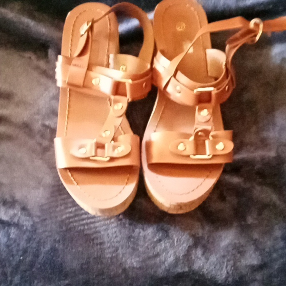 Wedge sandals cork heels brown and never worn.